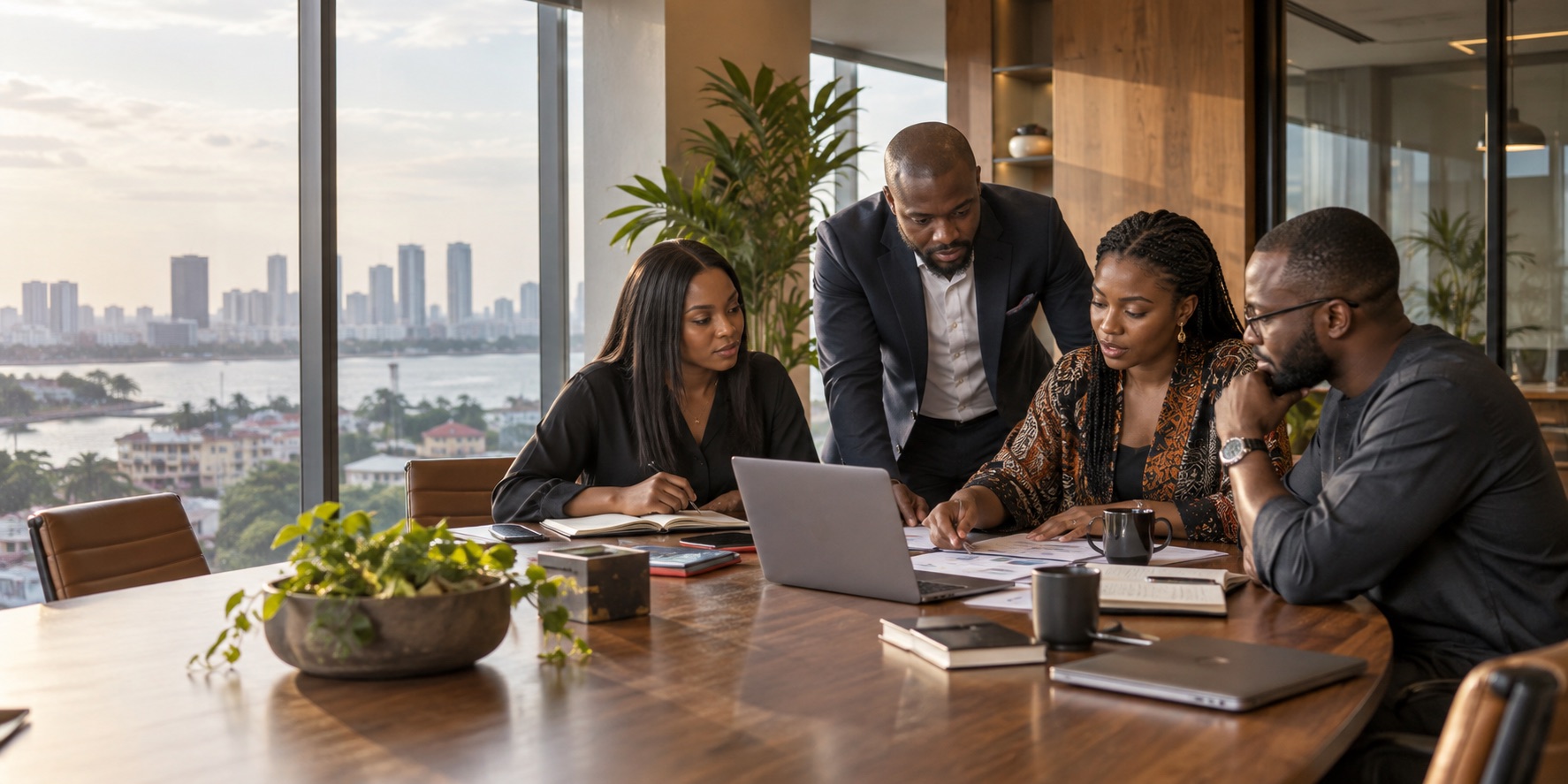 African founders and advisers reviewing a business plan together